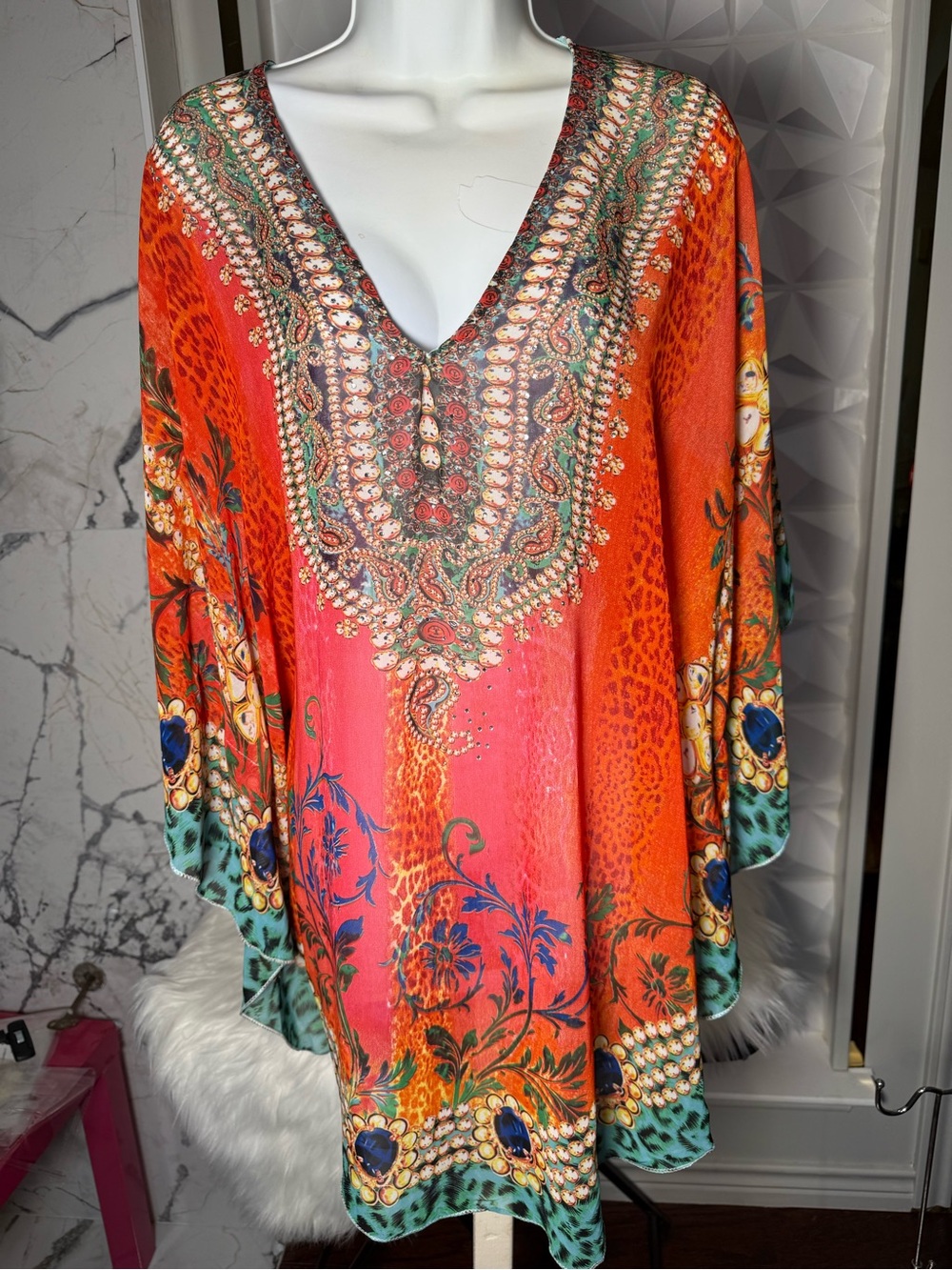 Embellished V-Neck Floral Tunic in Orange & Pink